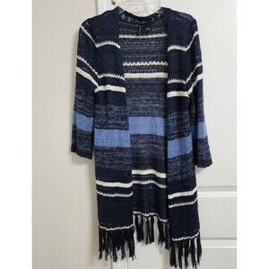 New Directions Open Cardigan Sweater Women's Med Blue Long Sleeve Soft Fringe